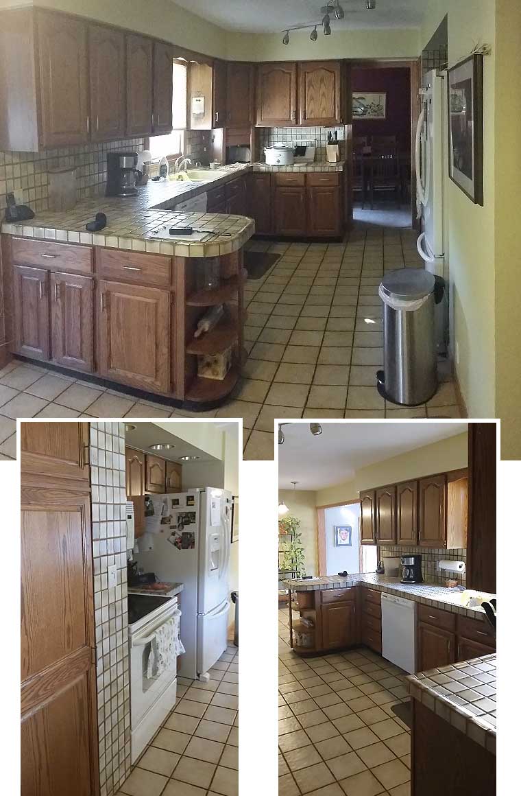 Before photos of a tiled kitchen to be remodeled by Silent Rivers, Des Moines
