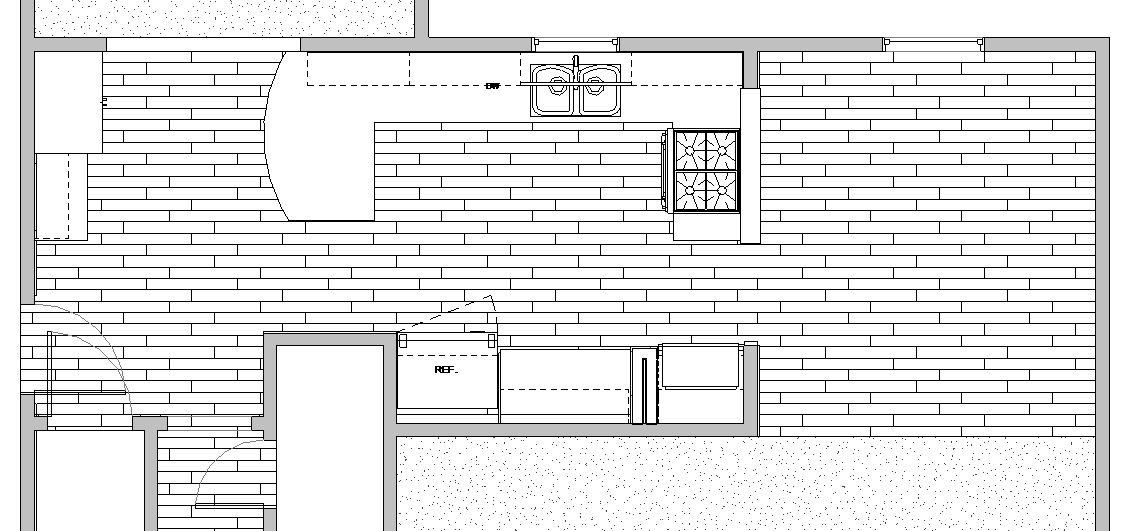 New floor plan of formerly tiled kitchen being remodeled by Silent Rivers, Des Moines features entry locker, pantry, improved range location and extra bar seating