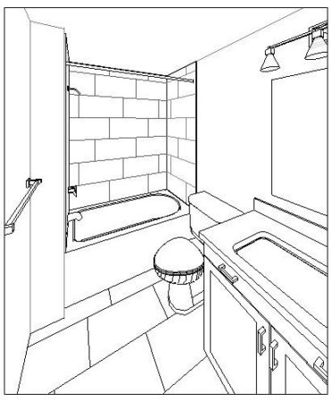3D rendering of hall bathroom in 1989 Des Moines home being remodeled by Silent Rivers Design+Build