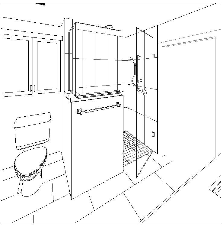 3D rendering of zero entry shower and toilet area of 1989 Des Moines home being remodeled by Silent Rivers Design+Build