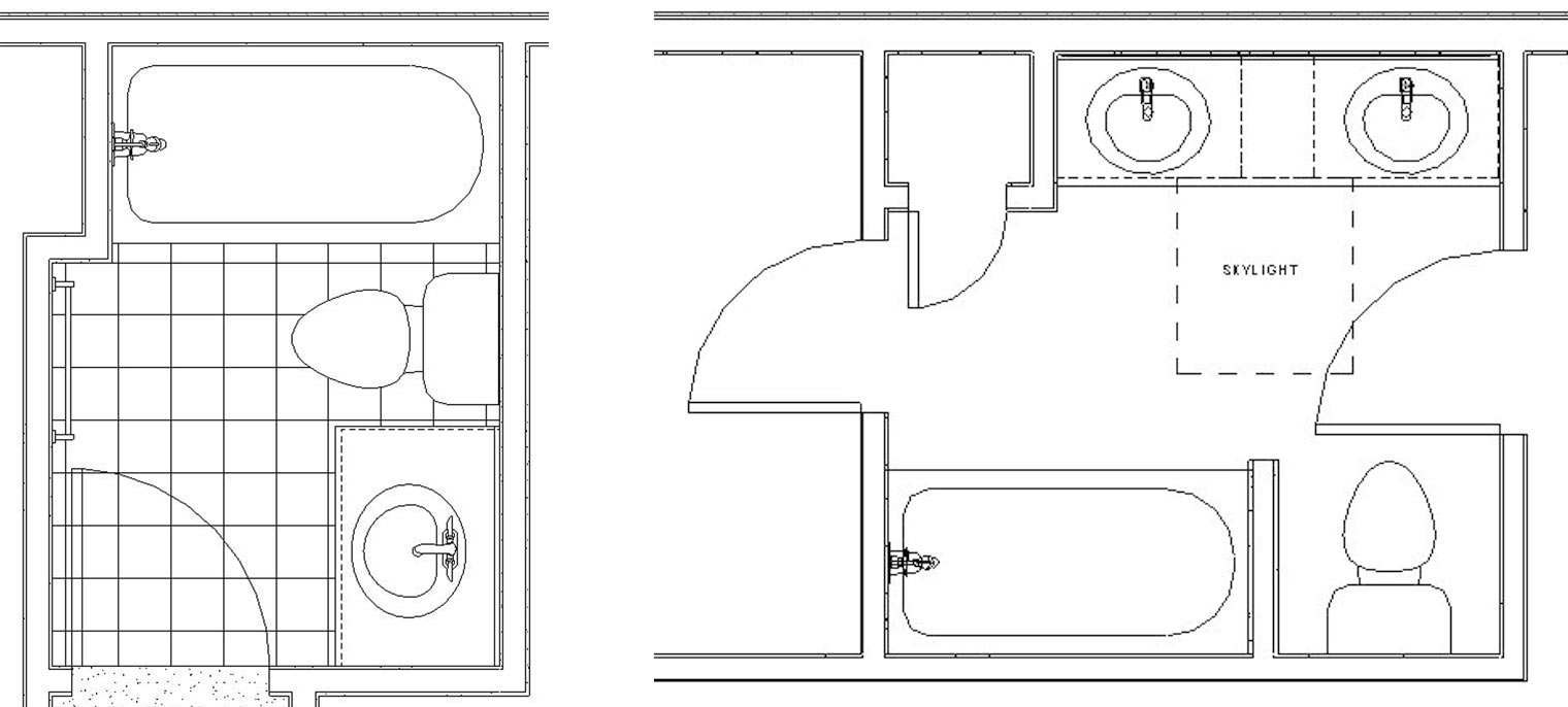 Existing hall bathroom layout and master bathroom layout of 1989 house in Des Moines, Iowa needing bathroom remodeling