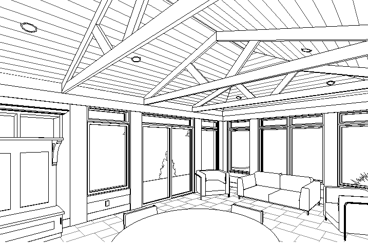 Rendering of sunroom addition with rafters and tongue and groove paneling and transom windows, designed and being built by Silent Rivers, Des Moines, Iowa