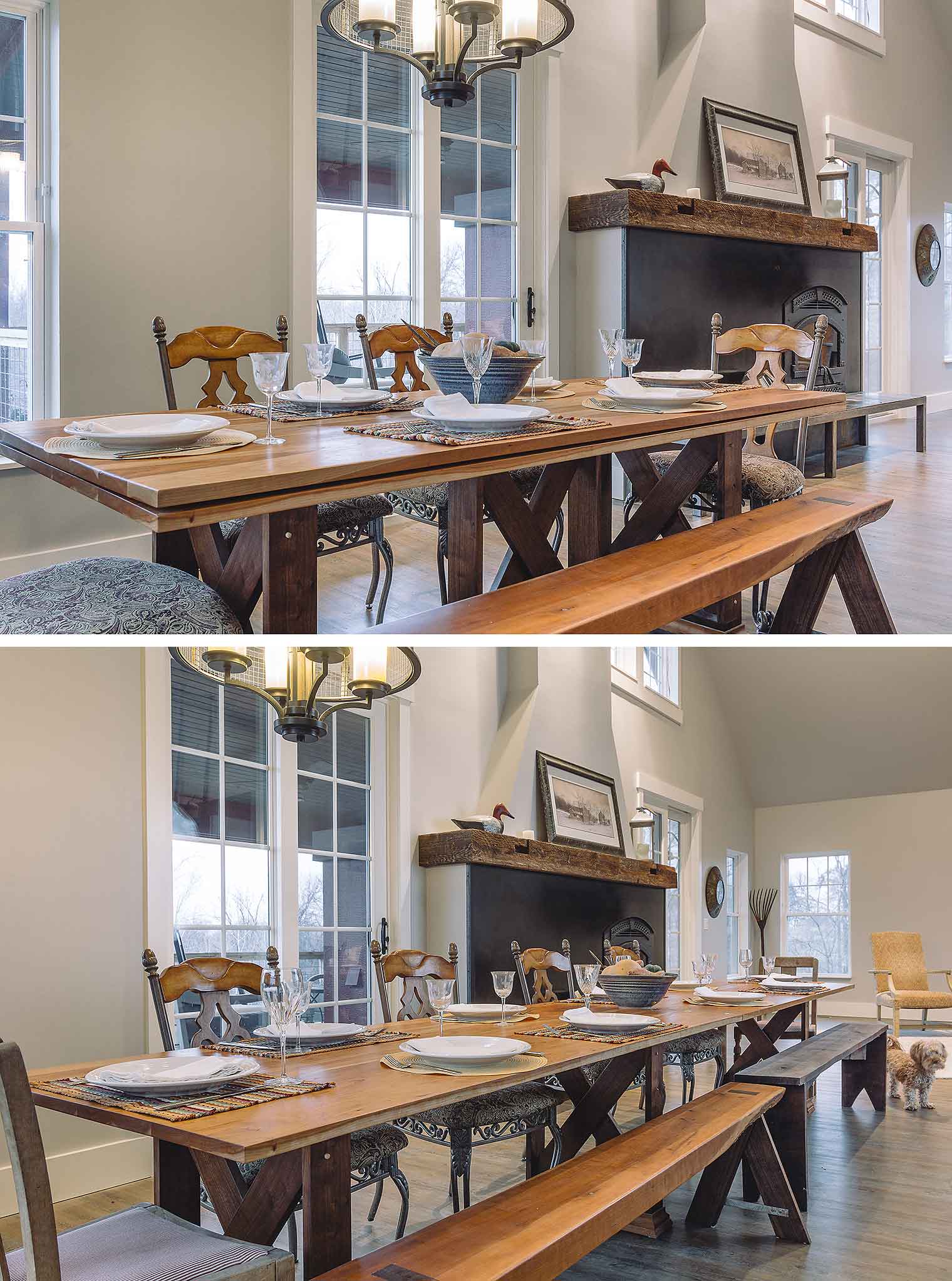 Custom dining table of salvaged wood opens to twice its width, designed and built by Silent Rivers of Des Moines for custom new home in St. Charles, Iowa