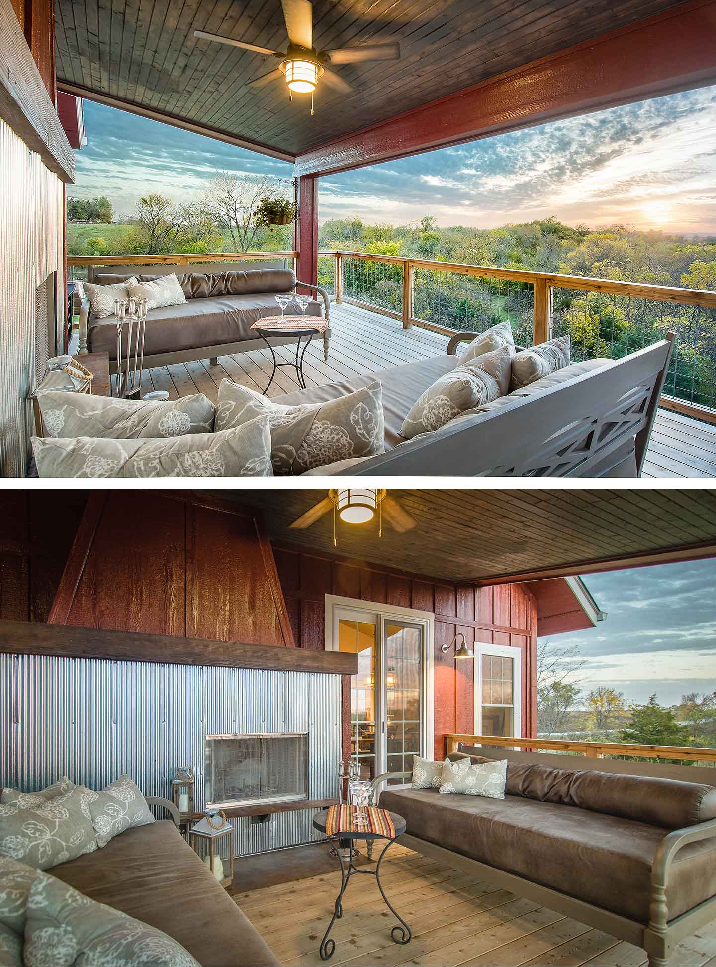 Upper level deck with corrugated steel fireplace looks over scenic southern Iowa countryside in barn style custom new home designed and built by Silent Rivers of Des Moines