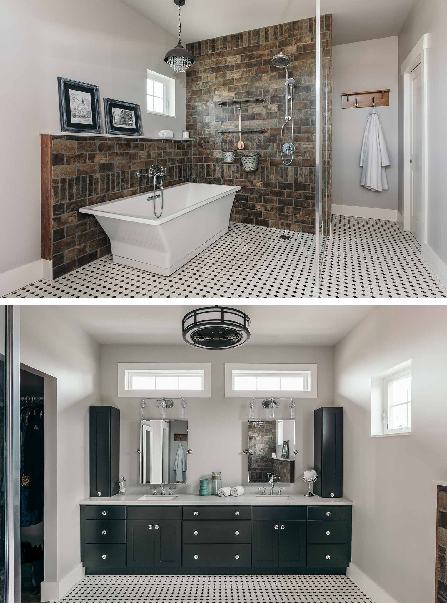 Master bathroom in barn style custom new home in St. Charles, Iowa features brick look walls tile, free standing tub, open shower water closet, classic black and white floor tile, industrial ceiling fan and onyx double vanity, all designed and built by Silent Rivers of Des Moines