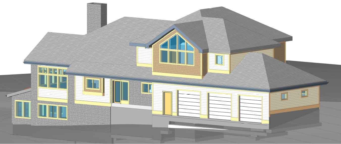 3D exterior view of not-so-big house designed by Silent Rivers of Des Moines, Iowa shows roof lines and levels