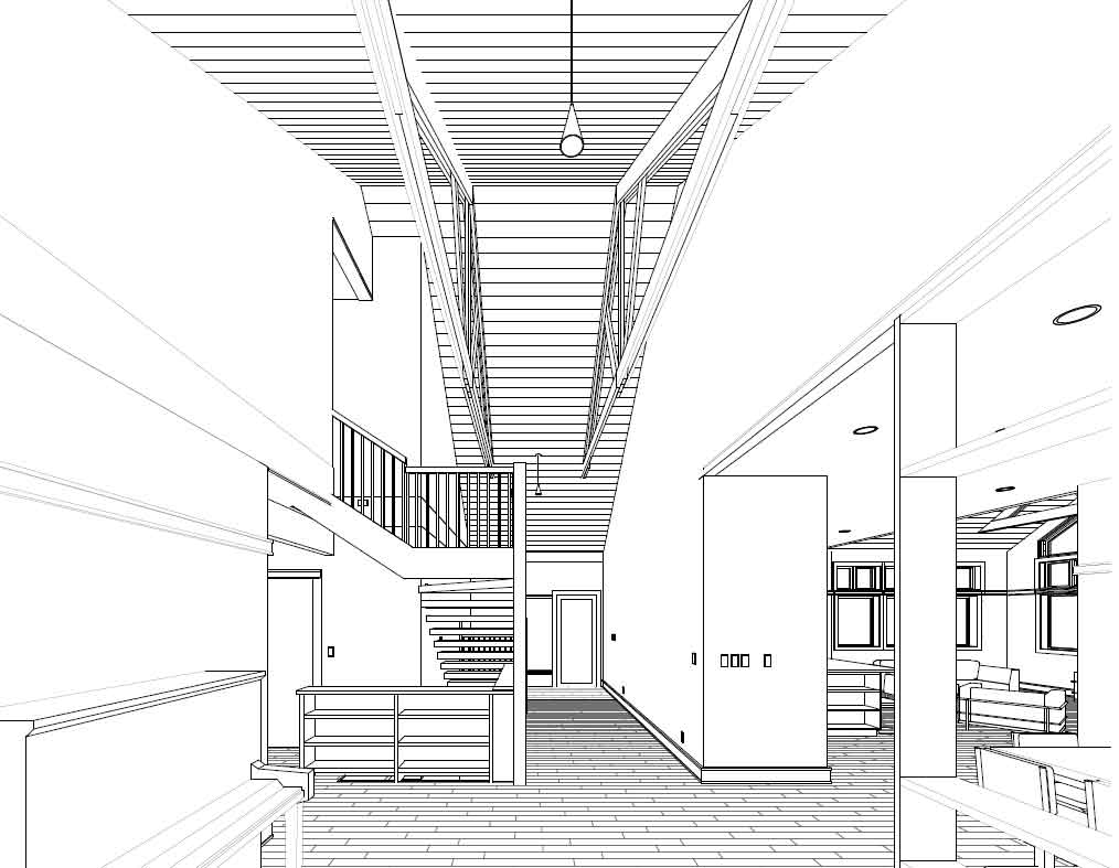 3D view of main entrance in not-so-big house designed by Silent Rivers in Des Moines, Iowa features built-in shelves, vaulted ceilings, music room