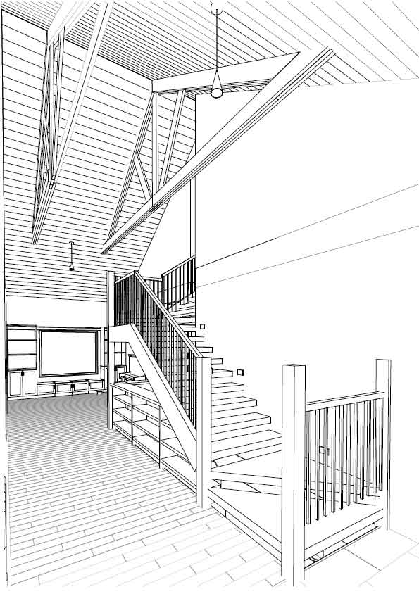 3D view of vaulted ceilings in the main entrance of not-so-big house designed by Silent Rivers in Des Moines, Iowa will have staircase with built-in shelves