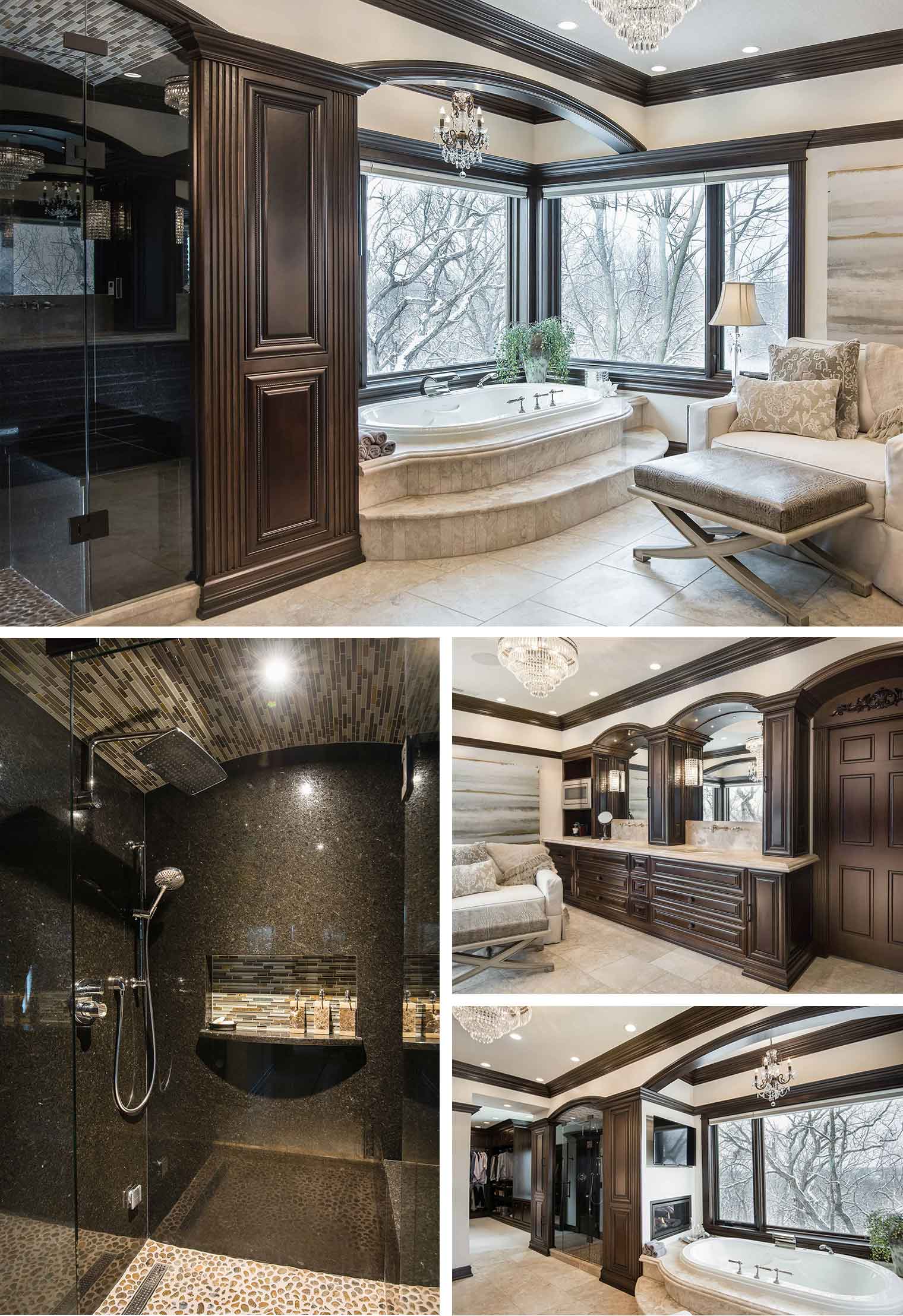 This Urbandale, Iowa master suite renovation features custom cherry woodwork, travertine countertops, elegant arches, a TV and fireplace near the soaking tub and a natural stone steam shower. Designed and built by Silent Rivers of Des Moines