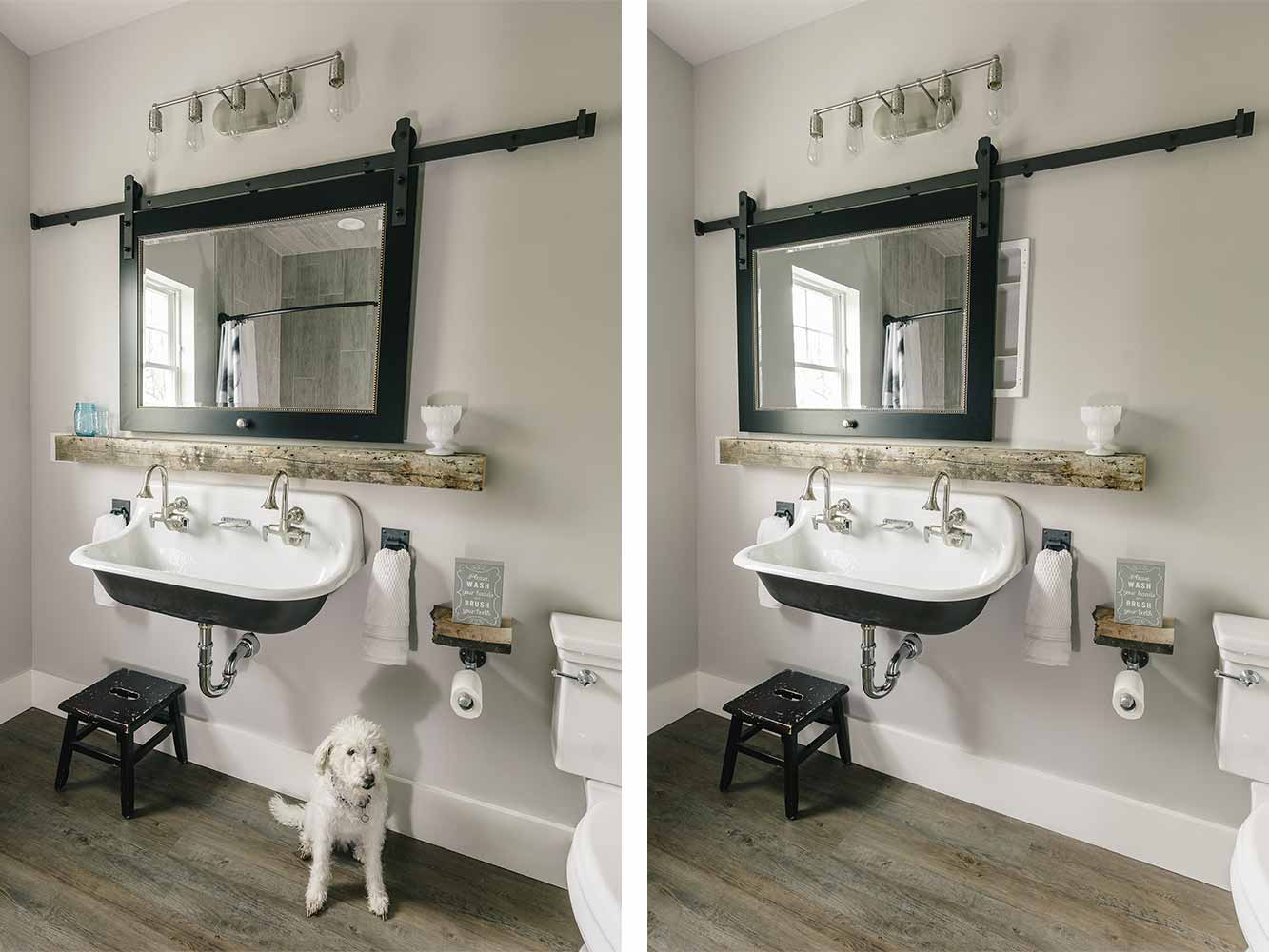 Industrial farmhouse style custom new home in St. Charles, Iowa designed and built by Silent Rivers of Des Moines features a hall bathroom with wall mounted utility sink below salvaged wood shelf, luxury vinyl plank flooring and a sliding medicine cabinet