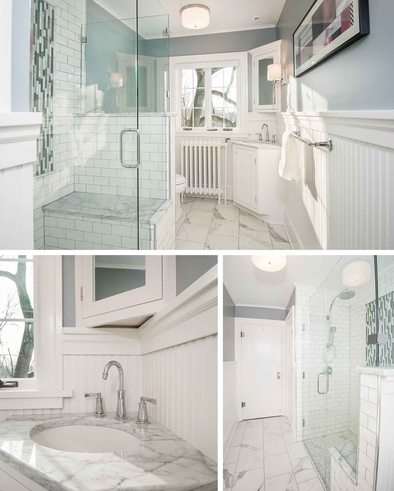 A modern bathroom design. This hallway bathroom renovation allows natural light into the entire space which features a custom corner vanity and shower with glass, marble and ceramic tile designed and built by Silent Rivers of Des Moines, Iowa