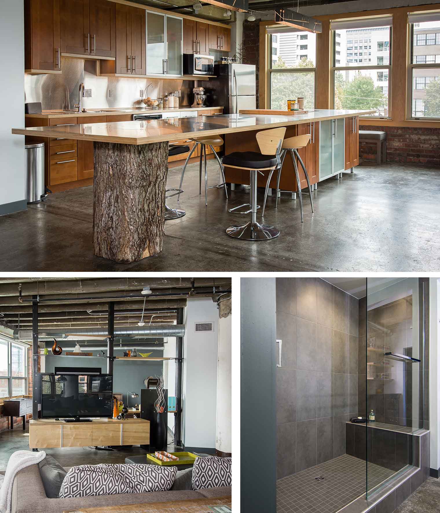 Collage of downtown Des Moines loft remodel by Silent Rivers features stainless steel 16' island, custom entertainment center and desk divider and oversize gray tile in the glass shower.