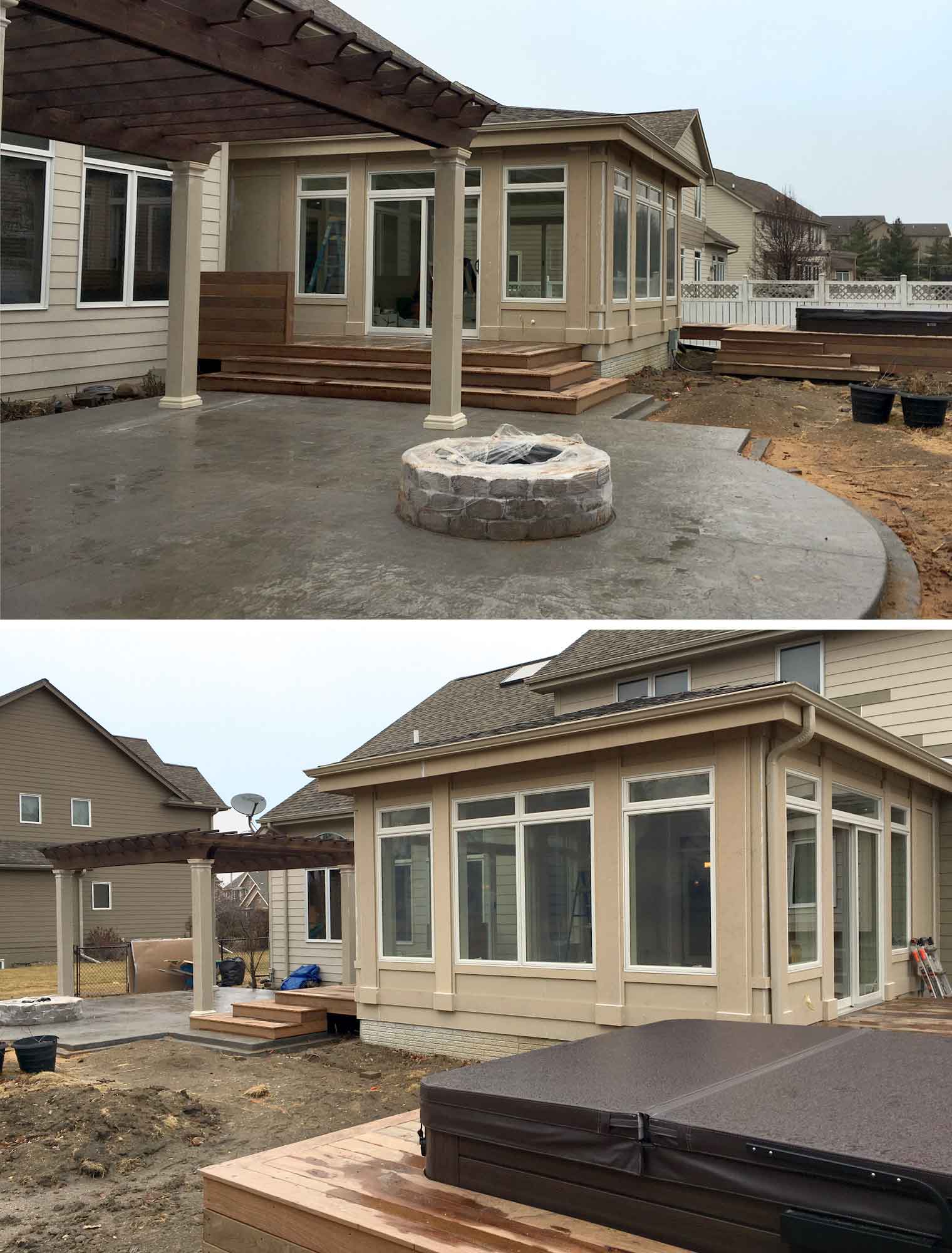 Sunroom addition exterior and patio with fire pit designed and being built by Silent Rivers Des Moines