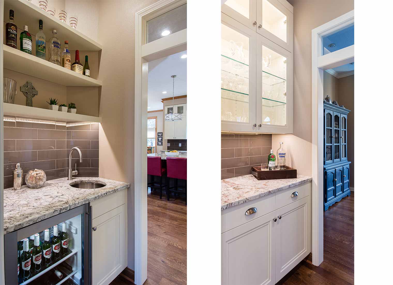 Butlers pantry in two views with bar sink, wine fridge adjacent to kitchen remodeled by Silent Rivers