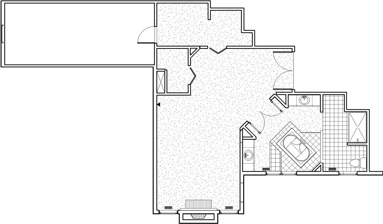 Before floor plan of master suite show how a large jacuzzi tub takes up too much space in the bathroom and closets are small and narrow