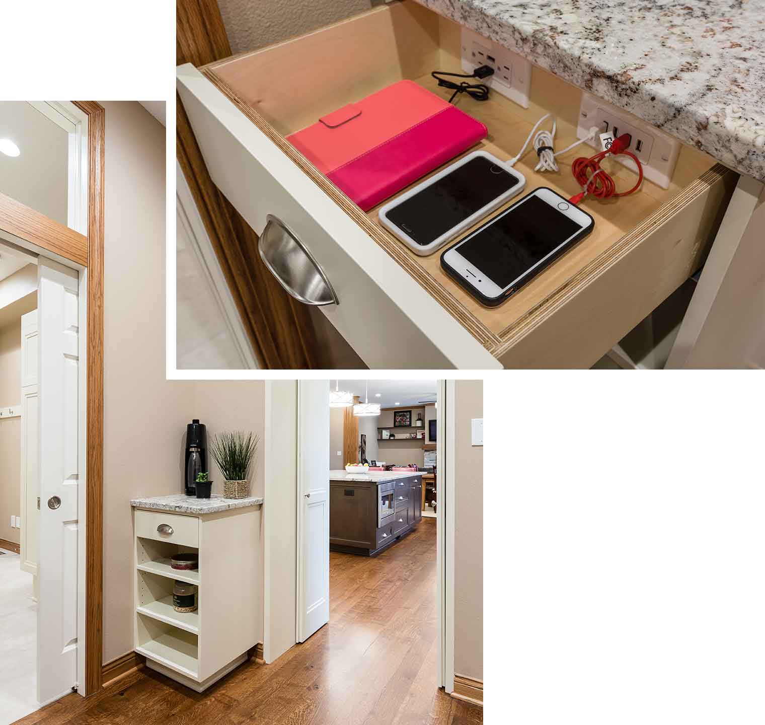 Corner cabinet with electronic device charging station inside drawer West Des Moines Clive kitchen remodeler Silent Rivers