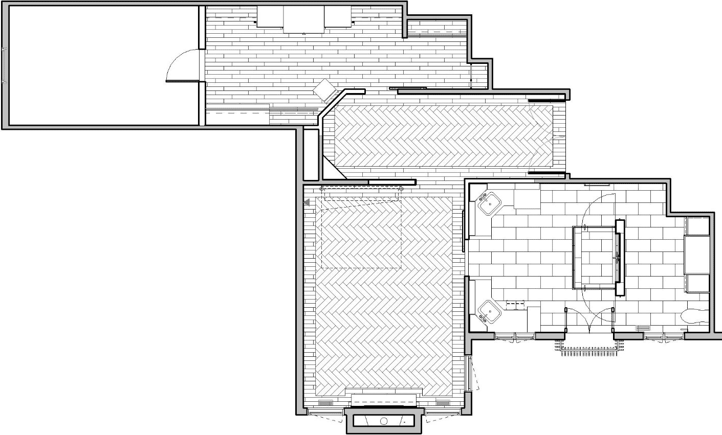 new floor plan for master suite being remodeled by Silent Rivers of Des Moines organizes the bathroom around a 3-sided shower with a bedroom layout more defined around fireplace