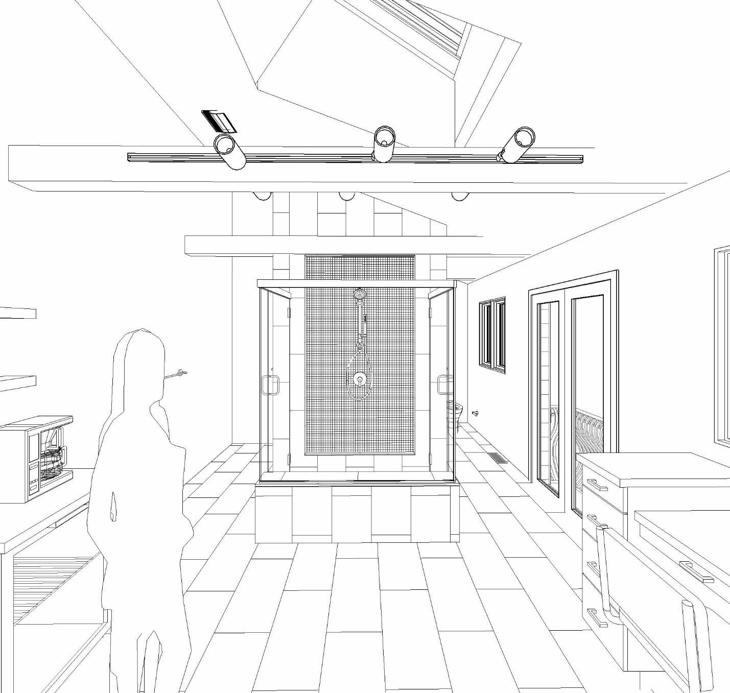 rendering of 3-sided shower in center of master bathroom design by Silent Rivers of Des Moines