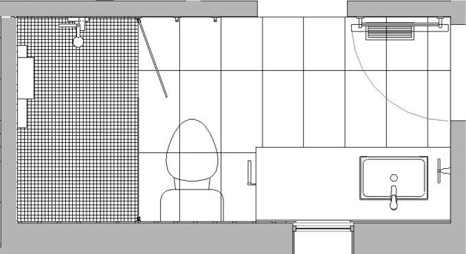 floor plan for 3/4 bathroom being designed by Silent Rivers, Des Moines includes walk-in shower and floating vanity