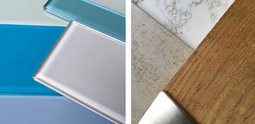 Materials for 3/4 bathroom designed by Silent Rivers include beachy tones, glass tile, sandy floor tile, warm wood