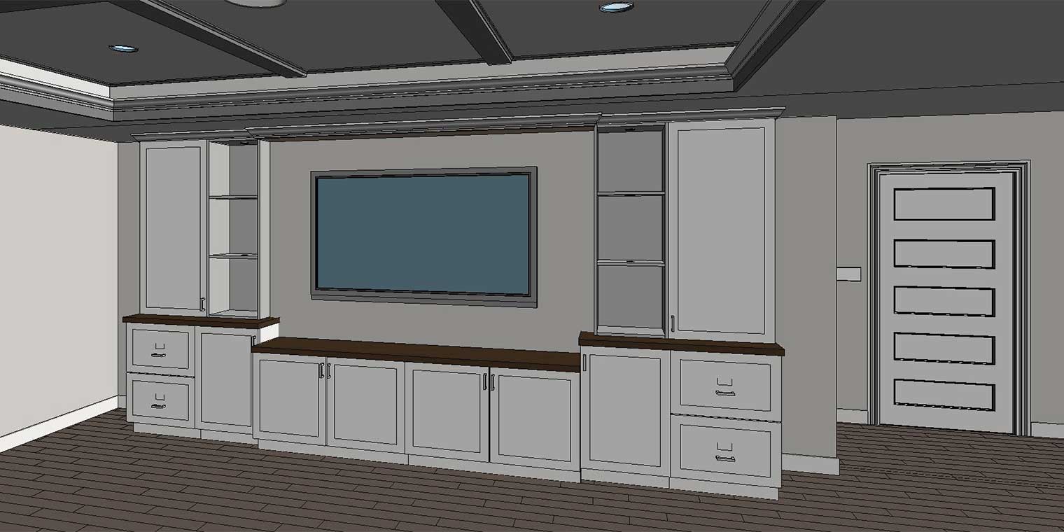 3D rendering of rec room entertainment center cabinets in basement remodel in Urbandale, Iowa by Silent Rivers