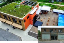 before and after photo of Green & Main pilot project at 800 19th St, Des Moines, Iowa shows aerial view of green roof, solar panels, permeable pavers