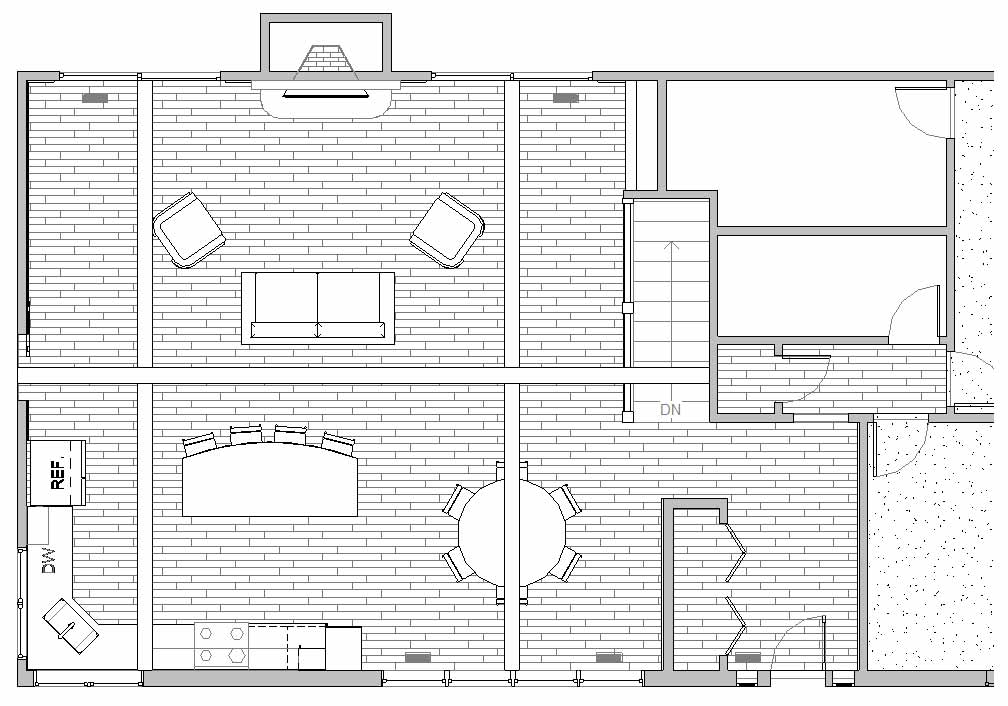 floor plan of kitchen and vaulted family room redesign by Silent Rivers for rustic style home in Prole in central Iowa for a rural Iowa retreat