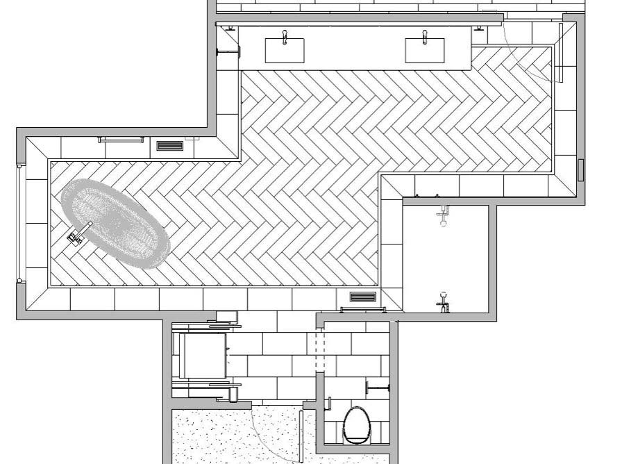 floor plan for large master bathroom designed by Silent Rivers, Des Moines features a freestanding soaking tub and herringbone floor tile