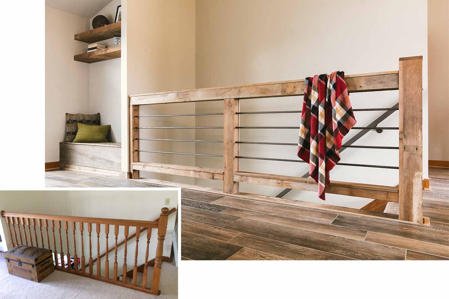 rustic fence like stair railing before and after featuring horizontal rebar spindles, barn wood storage bench built in, designed by Silent Rivers in central Iowa for a rural Iowa retreat