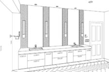 master bathroom design rendering with large floating vanity, vertical mirrors, herringbone tile, sconces, granite slab designed by Silent Rivers, Des Moines, Iowa