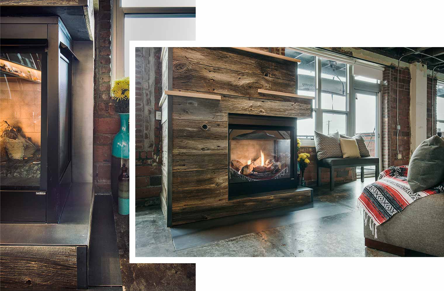 Raw steel of new fireplace in downtown Des Moines loft complements design of entertainment center built by Silent Rivers