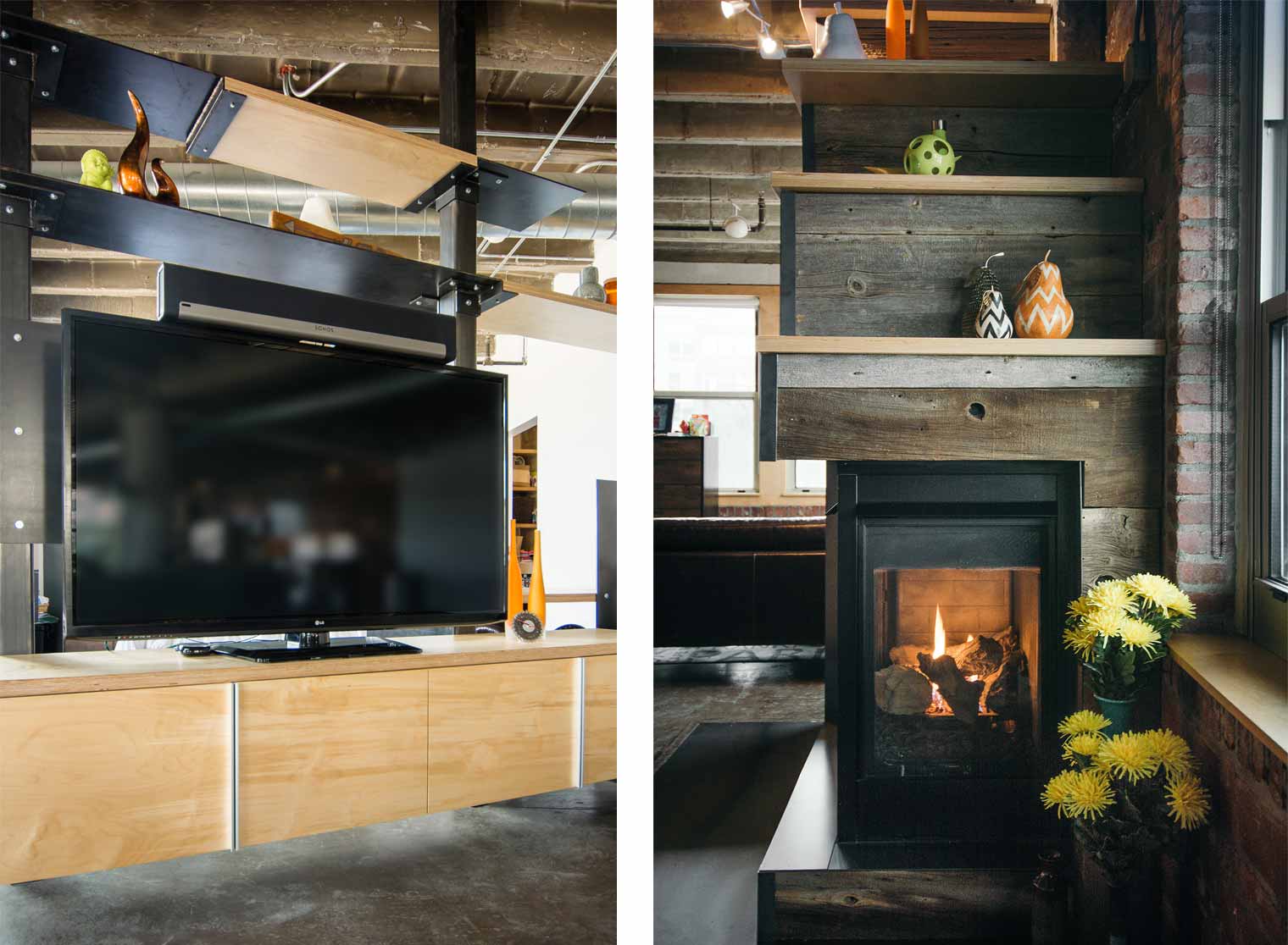 downtown Des Moines loft fireplace designed and built by Silent Rivers