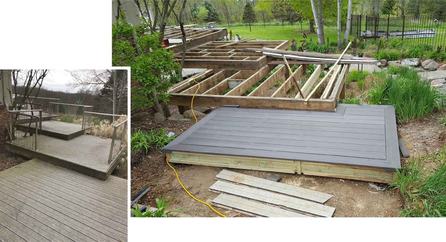 before and in progress photos of new composite decking material being installed on a rural Iowa deck designed and built by Silent Rivers of Des Moines