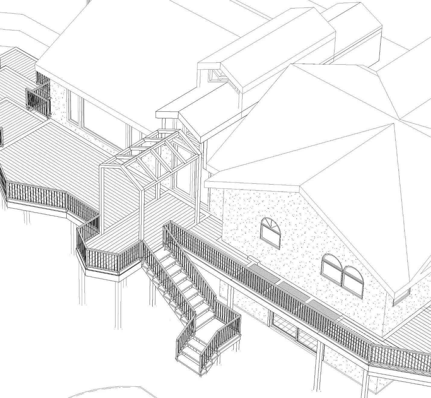 design plan for new deck with bevels, stairs and metal arbor for rural Iowa home whose backyard oasis is being redesigned by Silent Rivers Design+Build of Des Moines