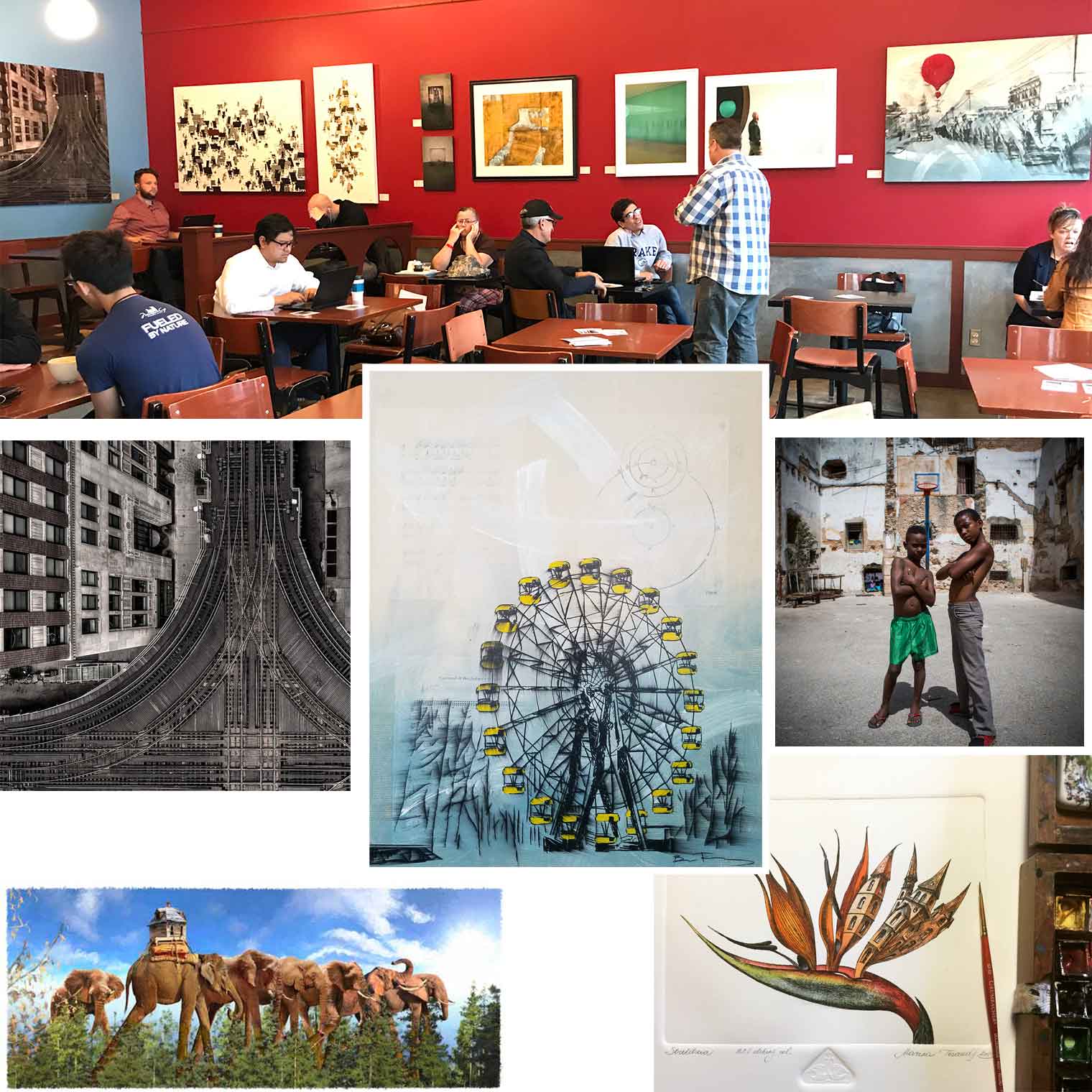 CLOCKWISE FROM TOP: Chaden at DMAFcurated "Recalling Place" exhibit in its original location at Mars Cafe featuring 10 Festival artists; Henri's "Us vs. Everybody"; Terauds' Strelitzia, Leben's Parade; Menaker's Lake and Wells; CENTER: Frey's "Around Again"