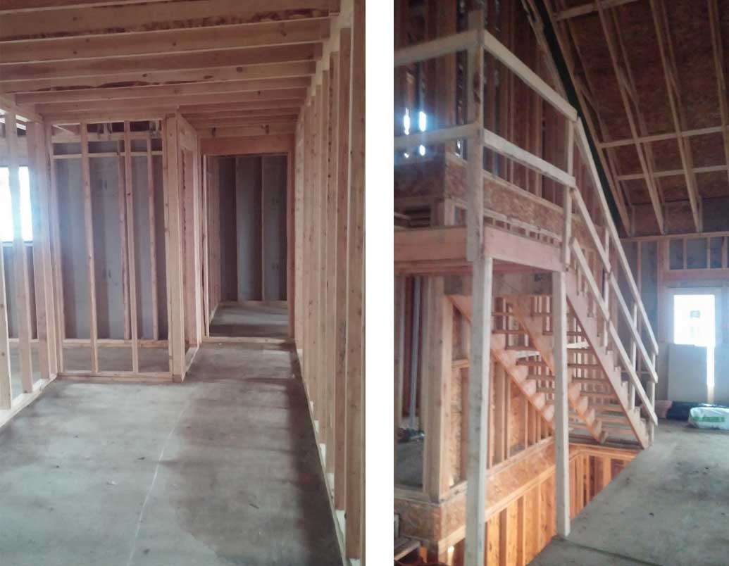 New custom home designed and being built by Silent Rivers of Des Moines, Iowa is framed and enclosed, showing master bedroom suite reading nook and temporary stairs to second floor