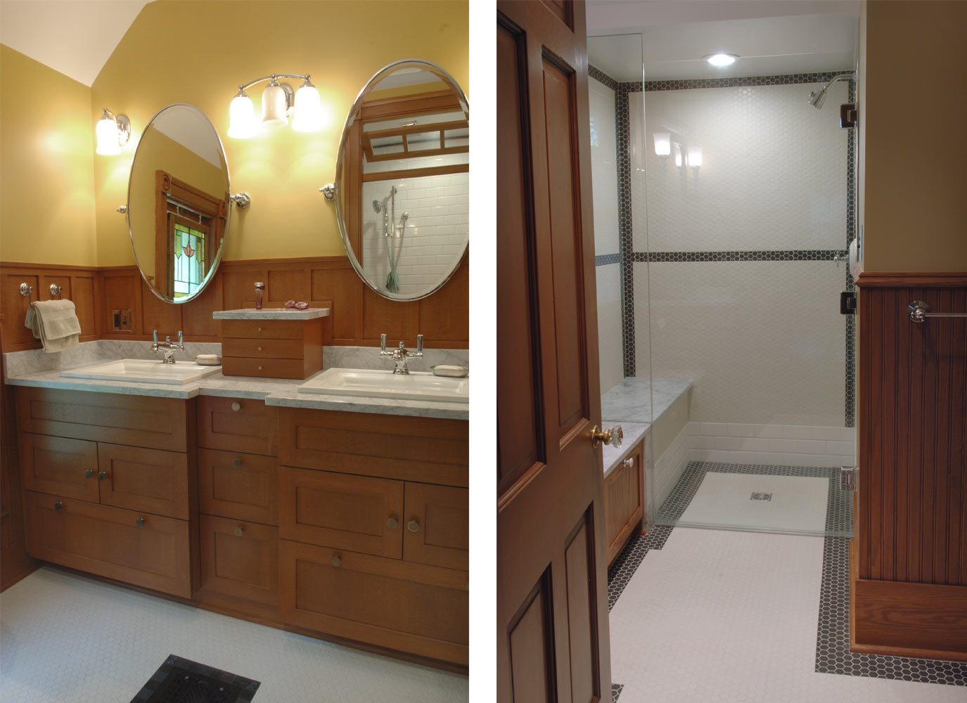 Victorian bathrooms remodeled by Silent Rivers Design+Build of Des Moines, Iowa feature custom cabinets designed to match originals and hexagon floor tile in the shower for historic preservation