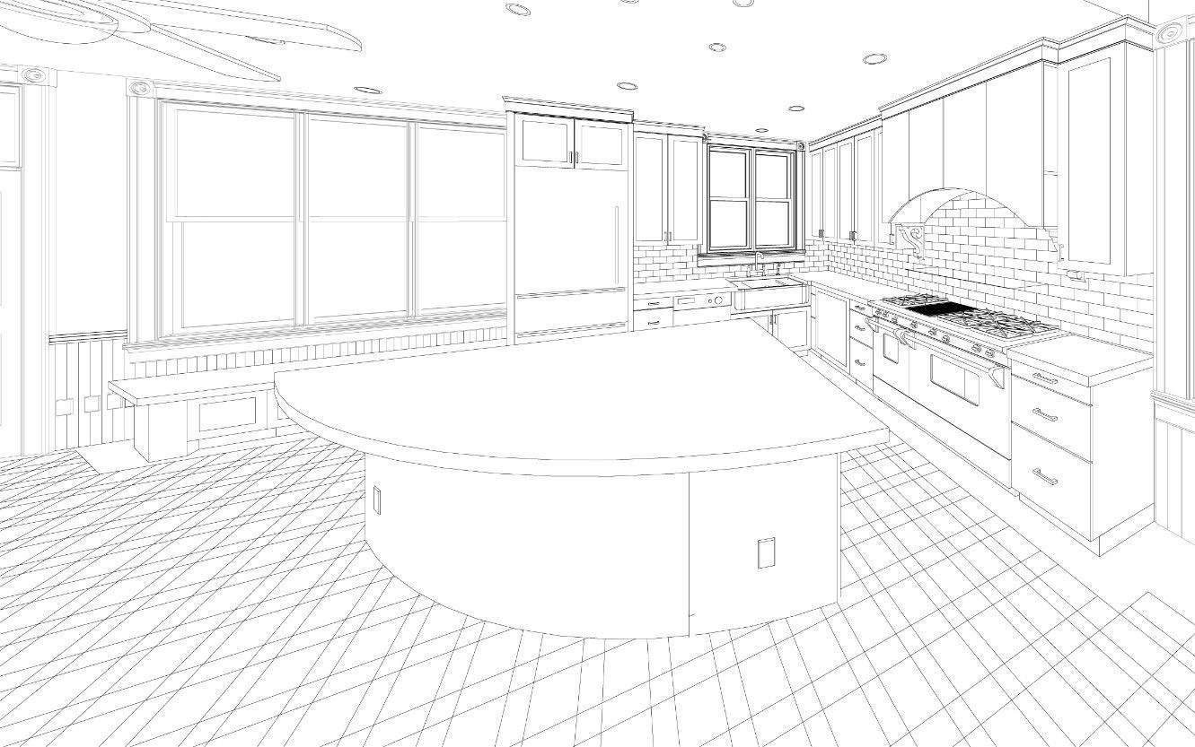 rendering of kitchen design plan layout with large crescent island in Victorian Des Moines home by kitchen remodeler Silent Rivers Design+Build