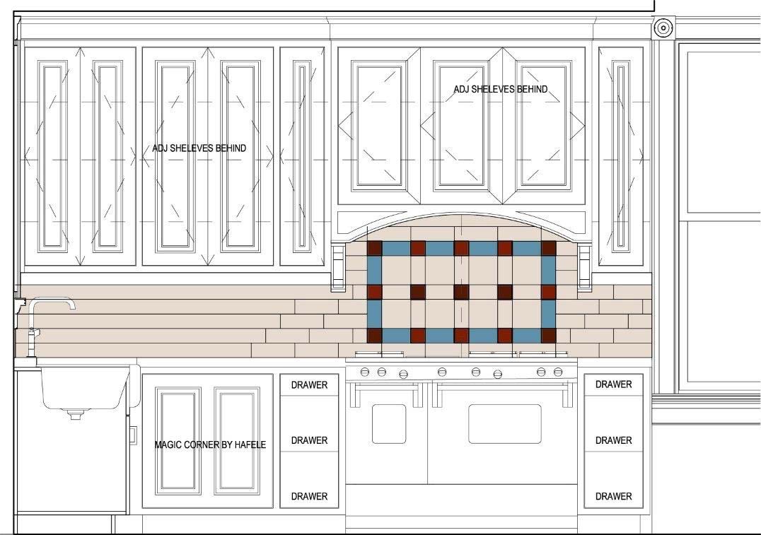 rendering of cook zone of kitchen remodel design plan in Des Moines Victorian home by kitchen remodeler Silent Rivers Design+Build features corbels above stove and decorative subway tile inlay backsplash