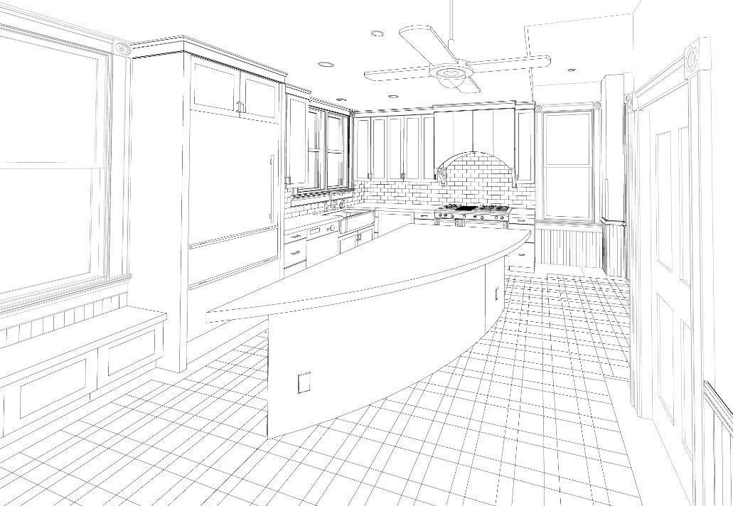 rendering of kitchen remodel for Des Moines Victorian home by kitchen remodeler Silent Rivers Design+Build features large island and custom appliance cabinetry
