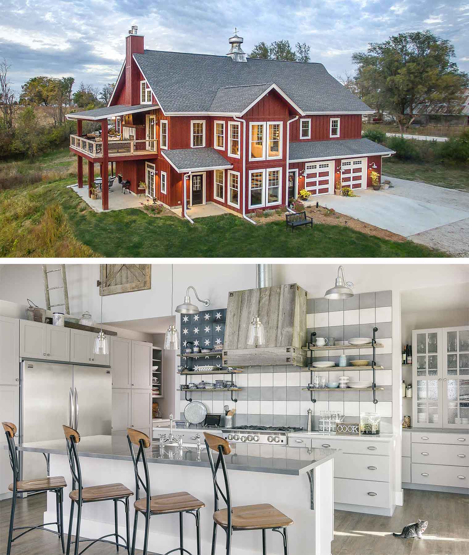 Exterior and kitchen of barn style industrial farmhouse custom new home by designer Tyson Leyendeck and builder Silent Rivers of Des Moines, Iowa