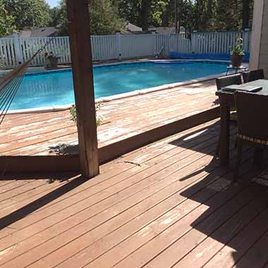 before picture of old pool deck on midcentury ranch home in Des Moines, Iowa