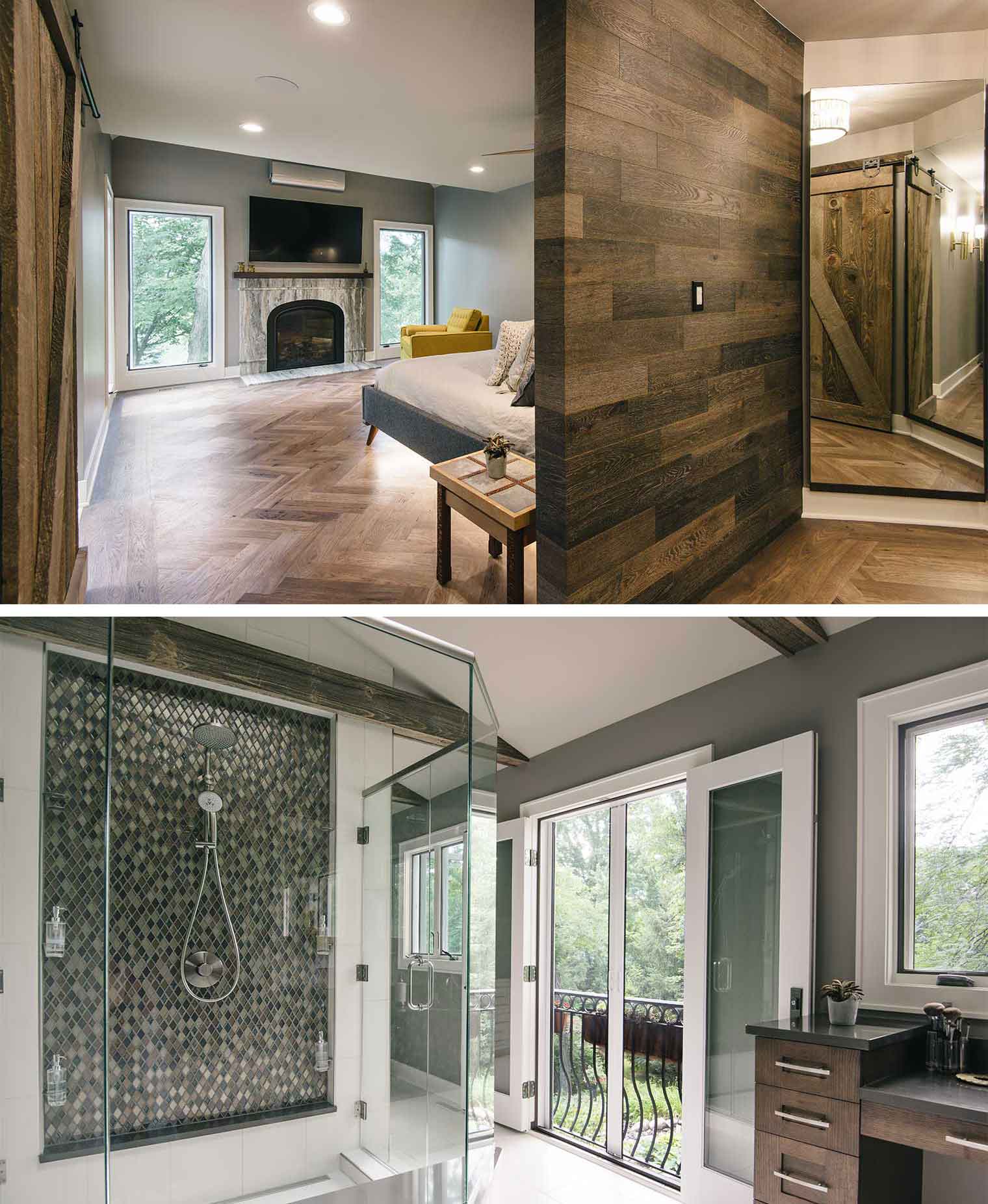 Contemporary master suite with three way mirror, stone fireplace, herringbone flooring, centrally located glass enclosed shower and Juliet balcony by designer Tyson Leyendecker of Silent Rivers, Des Moines, Iowa