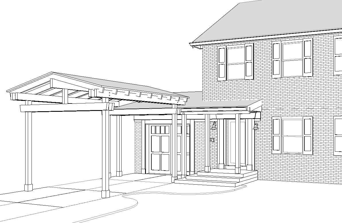 plan and 3D rendering by remodeler Silent Rivers to add carport and entryway to 1935 Federal style home in Des Moines