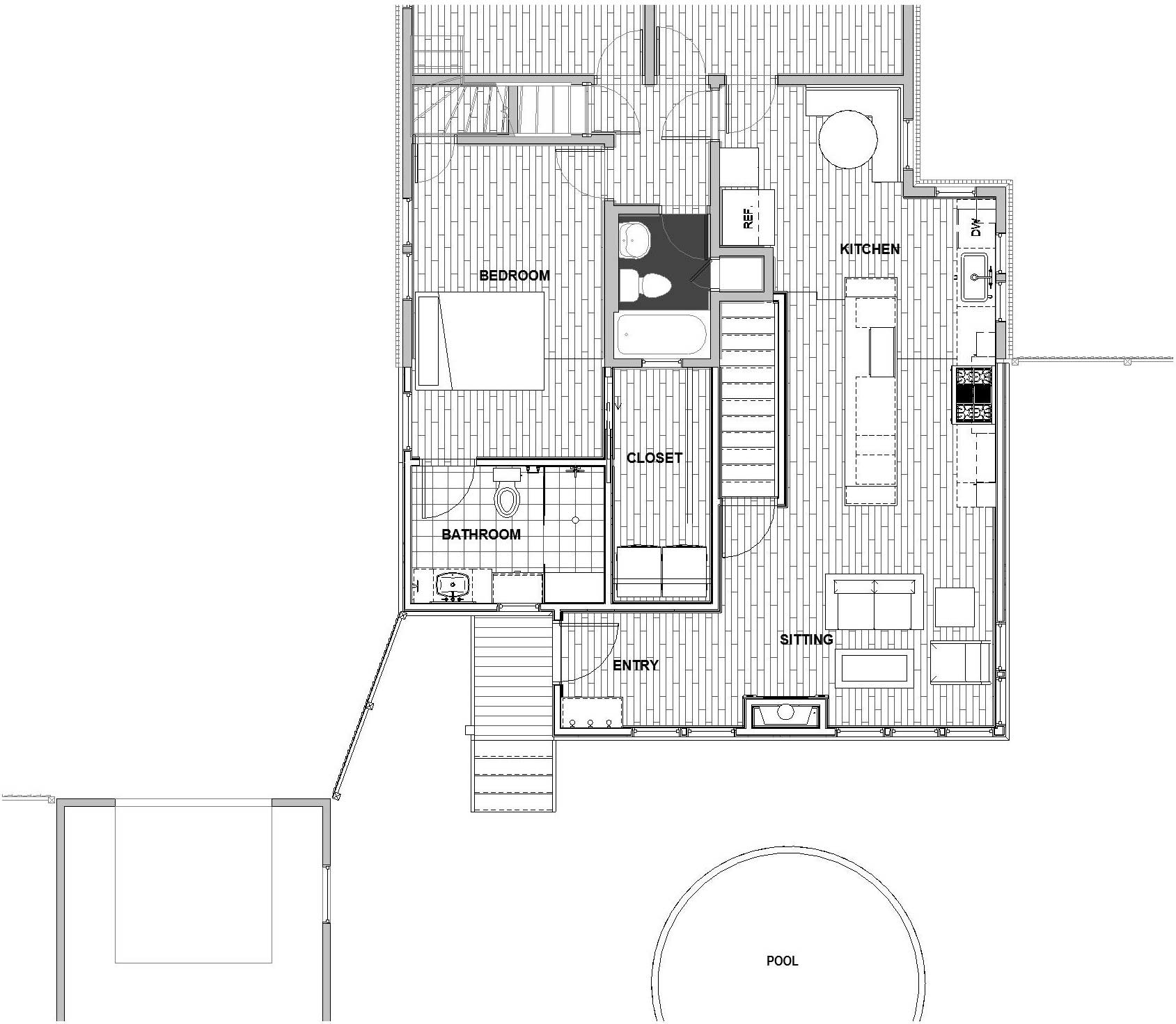 redesign floor plan of 1920s Des Moines Craftsman house being remodeled by Silent Rivers with addition, mudroom, laundry room, new master suite and kitchen