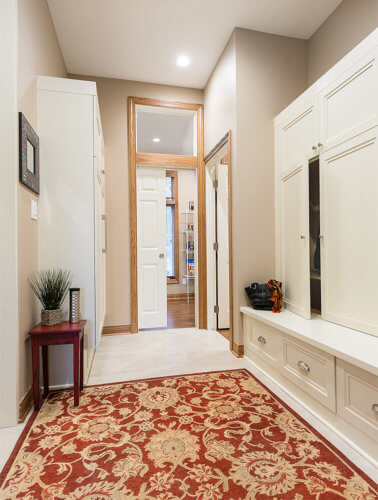 mudroom drop zone with custom cabinet storage solutions by remodeler Silent Rivers, Clive, Iowa