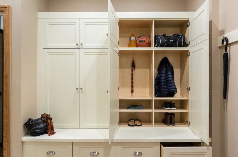 mudroom dropzone storage lockers custom cabinets by remodeler Silent Rivers, Clive, Iowa