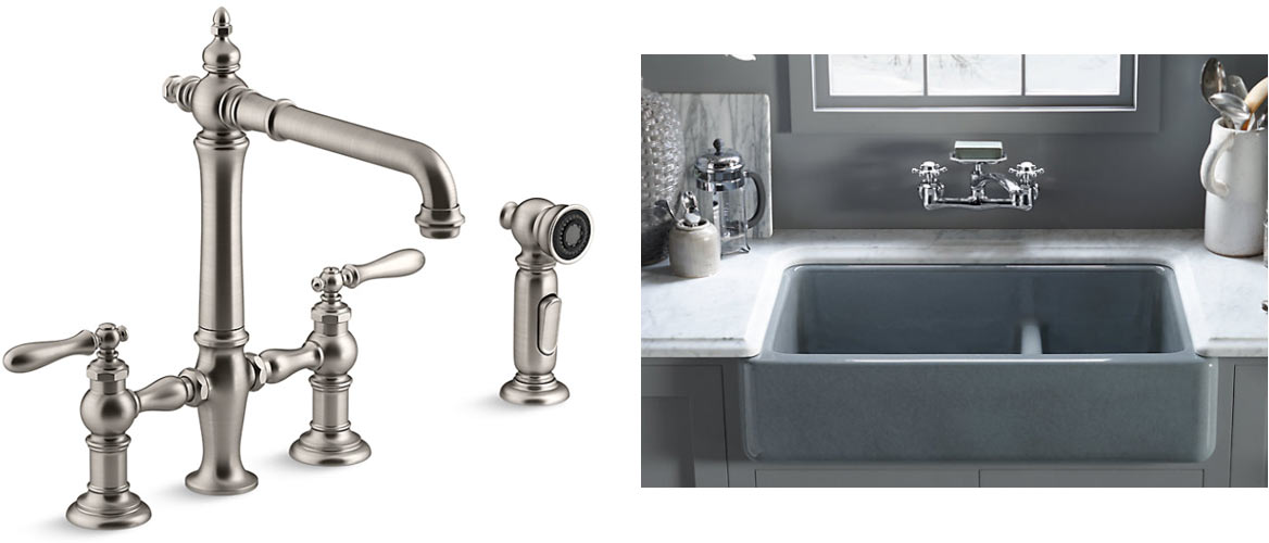 bridge faucet remote spray muted brushed finish, apron sink cast iron farmhouse for Victorian kitchen remodel by Silent Rivers