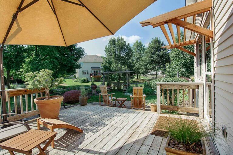 Asian landscape in Ames, Iowa with customized decks and patios