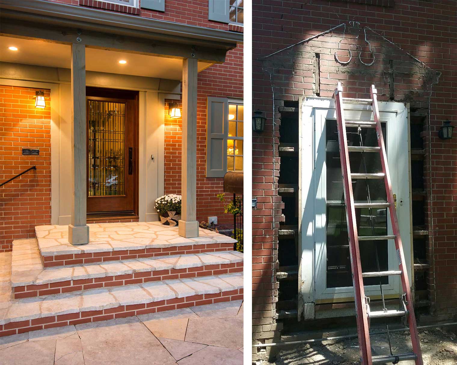 before and after of new entryway and leaded glass front door on 1935 Federal style Des Moines home by Silent Rivers